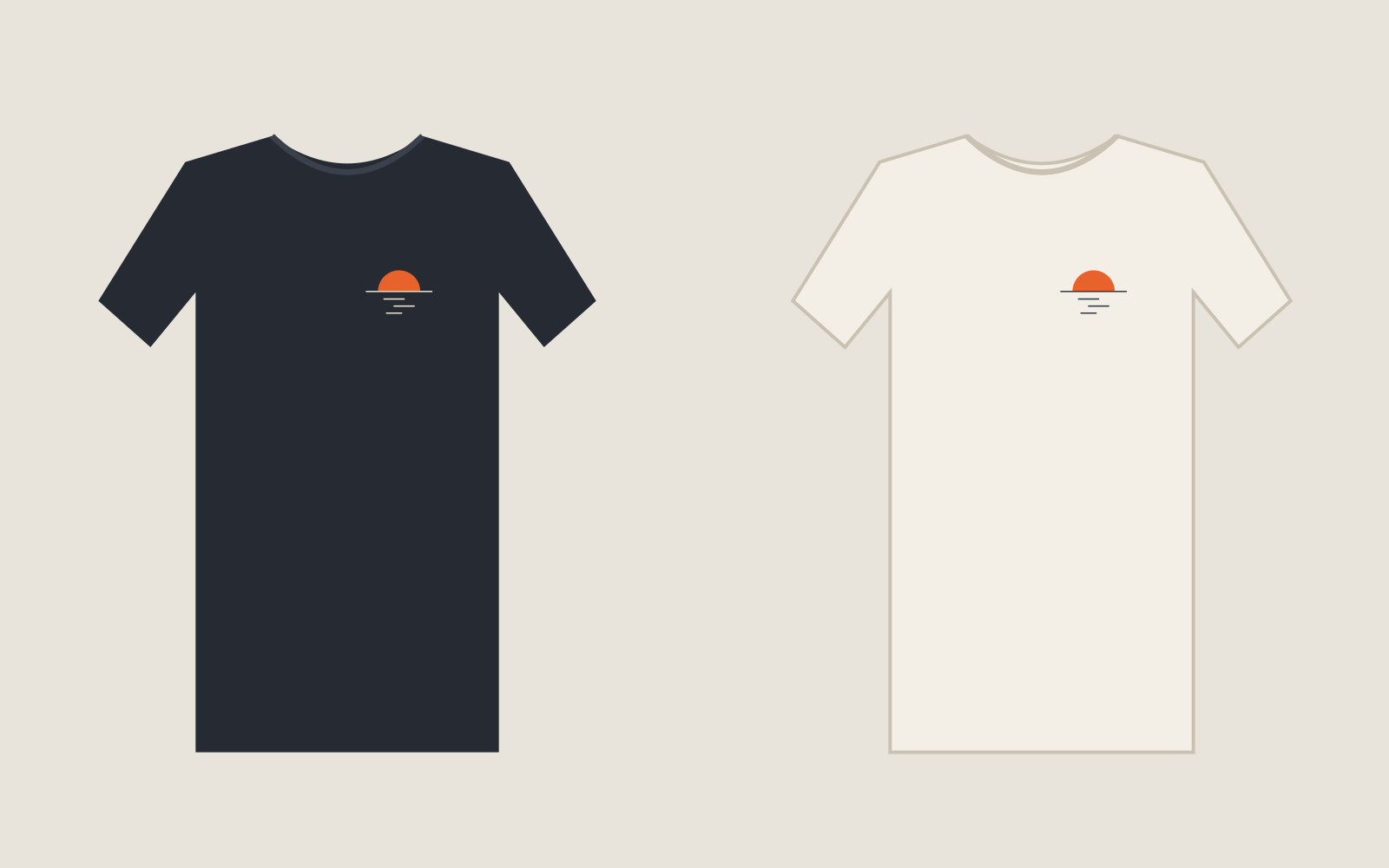 Last Light tee in navy and cream — a half-sunk orange sun over three lines of water, printed on the left chest