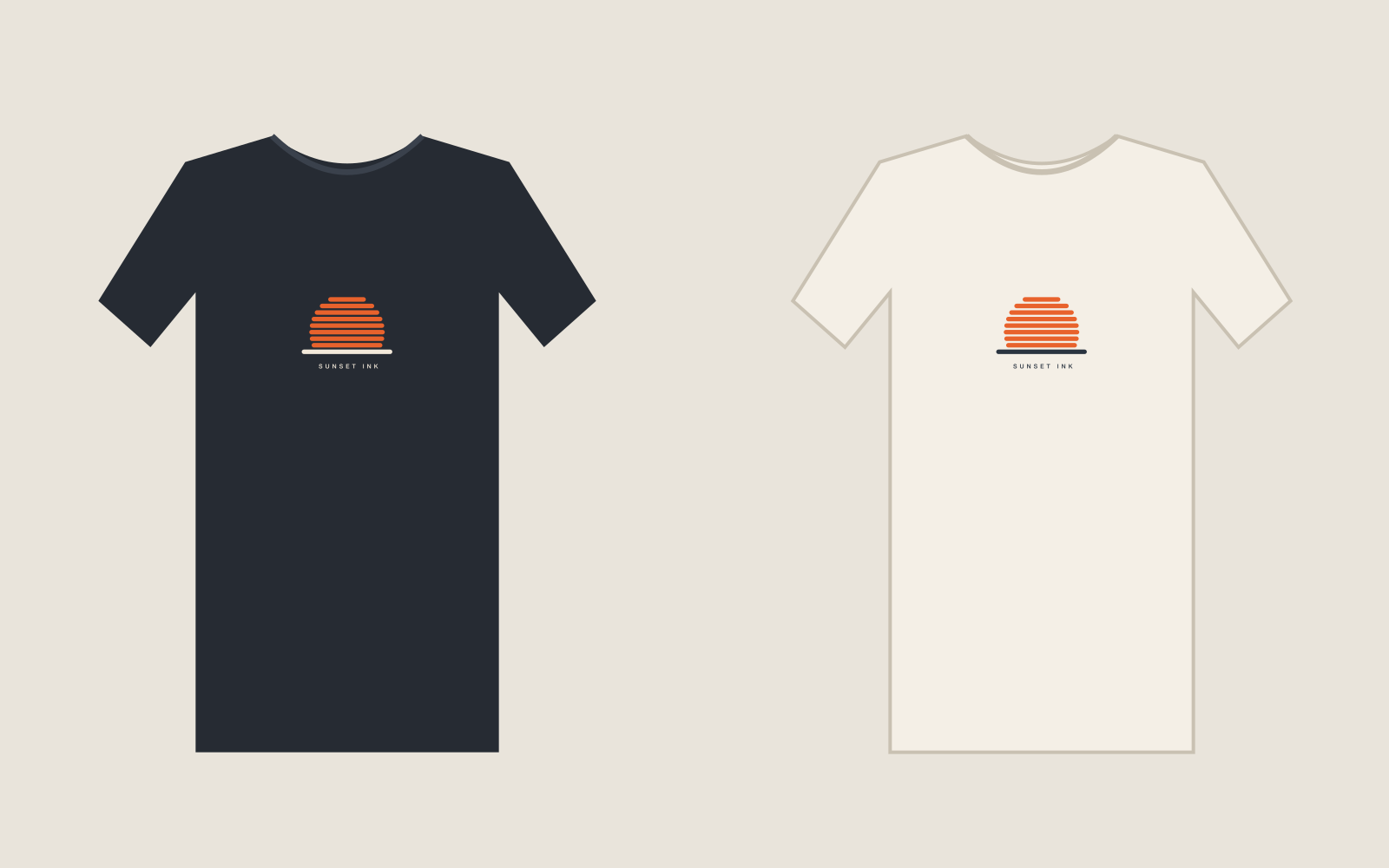 Stacked Sun tee in navy and cream — an orange sun drawn as horizontal slats sinking behind a horizon bar, center chest