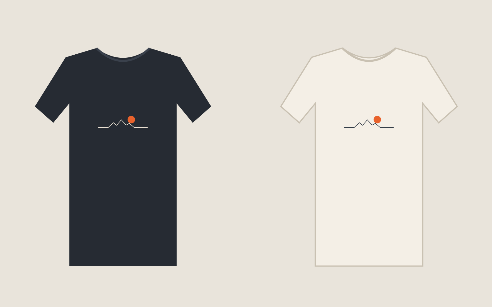 Ridgeline tee in navy and cream — one continuous coastal ridge line with an orange sun dropping behind the shoulder