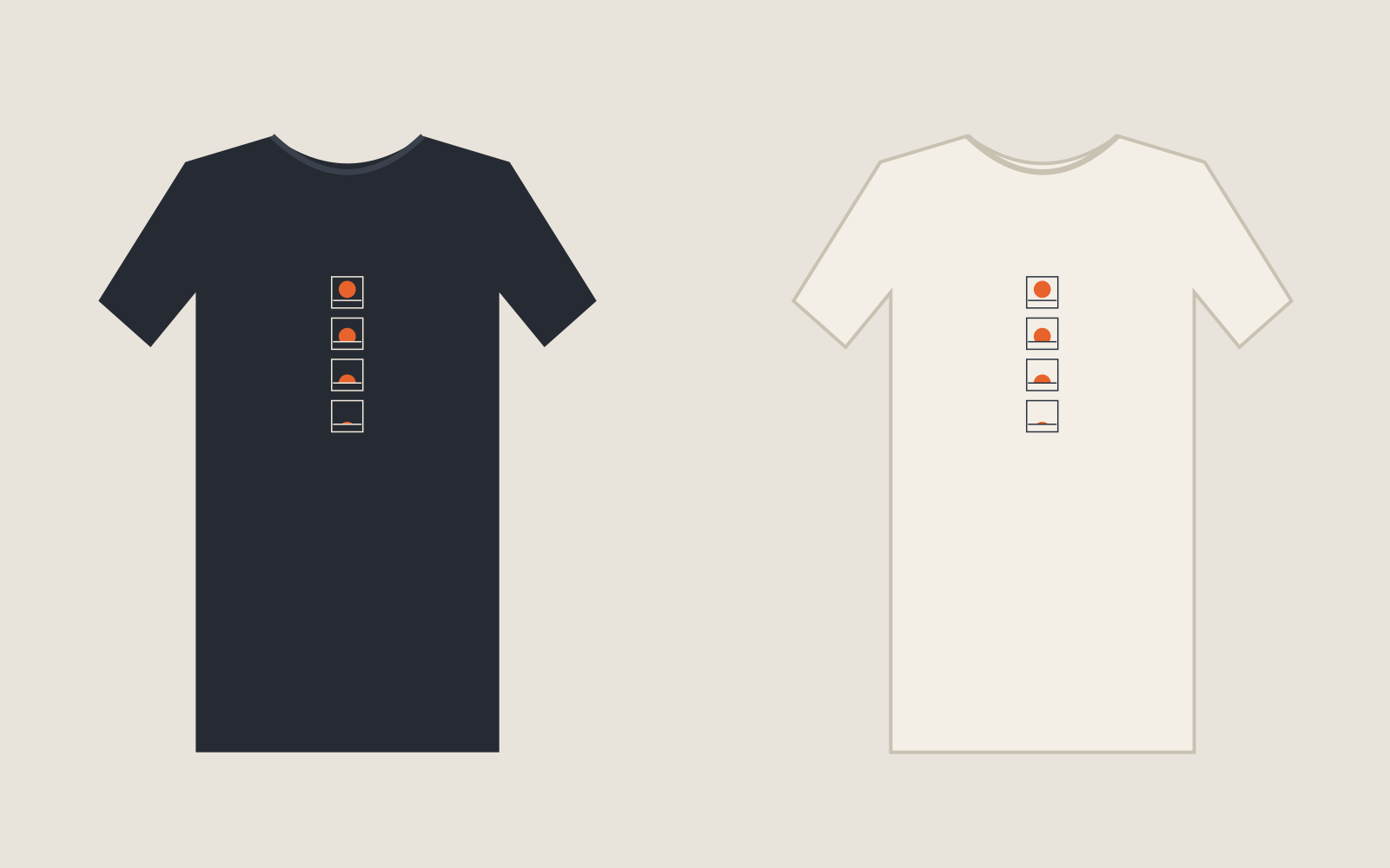 Four Frames tee in navy and cream — four small square frames of the same sunset, the sun sinking frame by frame